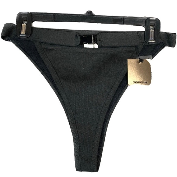 Candypants Exclusive Bandage High Leg Buckle Cut Out Black Bikini Bottom New - Picture 7 of 14